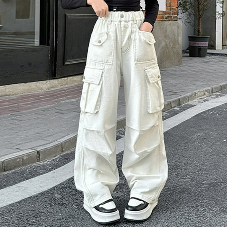 Caqnni Little Girls Cargo Pants Kids Fashion Elastic Waist Jogger