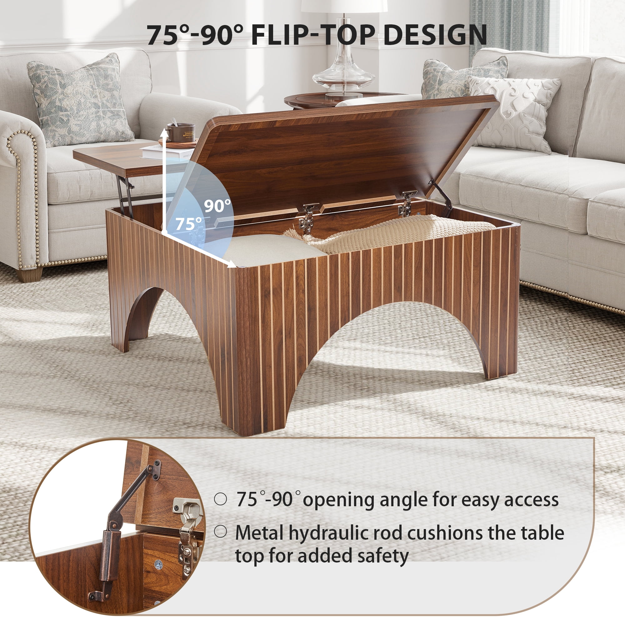 YOCWO 4 in 1 Carved Arched Square Coffee Table with Flip Top and Lift Top, Square Coffee Table with Hidden Compartments Storage for Living Room, Walnut