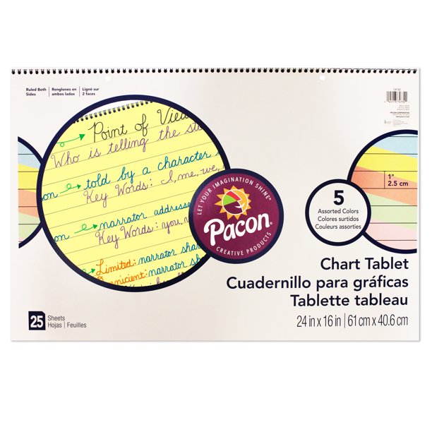 Pacon® Chart Tablet, 1" Ruled, 24" x 16", Assorted Colors 25 Sheets