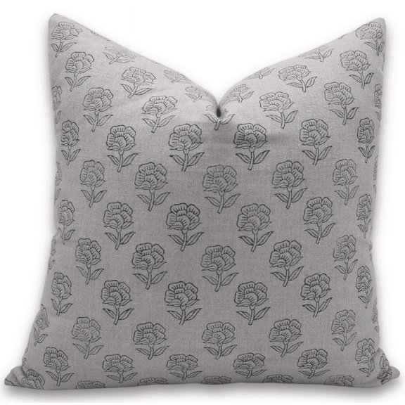 Fabdivine Block Print Throw Pillow Cover, 14x14 Inch Pure Linen Decorative Cushion Cover, Floral Print Boho Design Blue Pillow Cover for Sofa and Couch