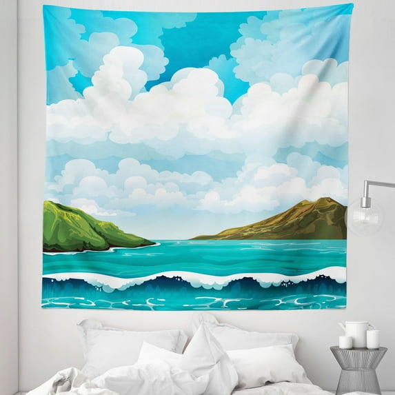 Sea Tapestry, Seascape with Waves Islands and Cloudy Blue Sky Tranquil Exotic Shores Cartoon Style, Fabric Wall Hanging Decor for Bedroom Living Room Dorm, 5 Sizes, Multicolor, by Ambesonne