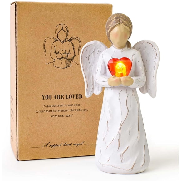 Figurines d'Ange Gardien avec Lumière en Forme de Cœur Rouge, Statue d'Ange Peinte à la Main, Décor à Piles, Cadeaux pour Femmes, Maman, Anniversaire, Souvenir, Action de Grâce, Noël, Décoration Intérieure, Ornement