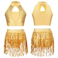 thumbnail image 3 of Traje de baile latino de Samba para niños y niñas, traje de baile con lentejuelas, Top con cuello Halter calado, pantalones cortos con flecos y lentejuelas, 3 of 5