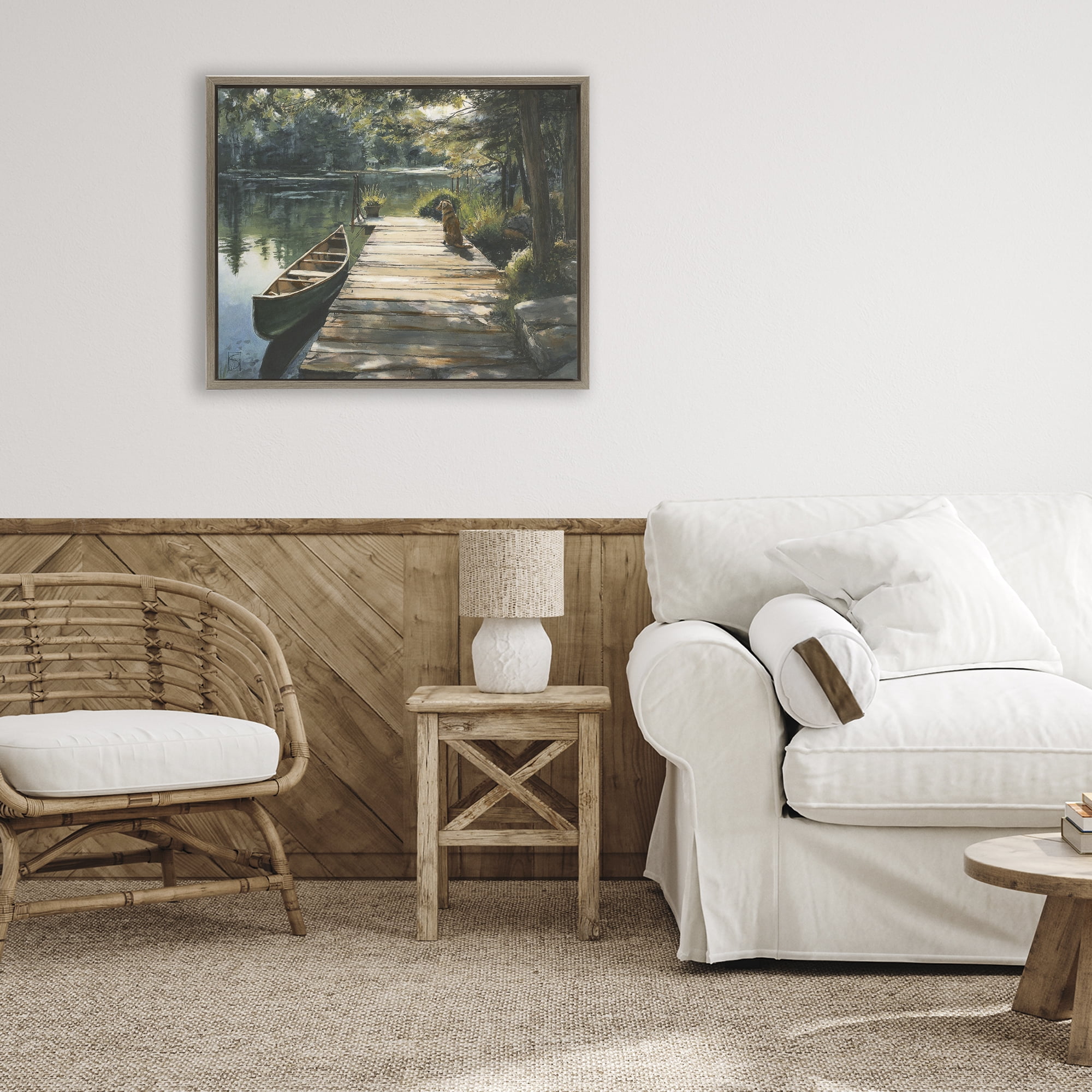 Lake Life Dog on Dock Brown Framed Floater Canvas Wall Art, design by Sara Culpepper