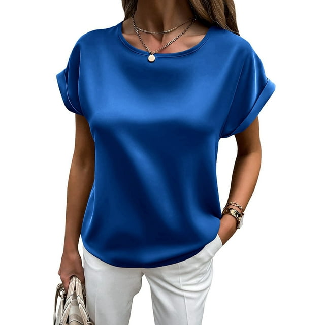 Chemises d'Été Décontractées Habillées à Manches Courtes pour Femmes Col Rond Satin Blouse de Travail de Bureau Bleu TG