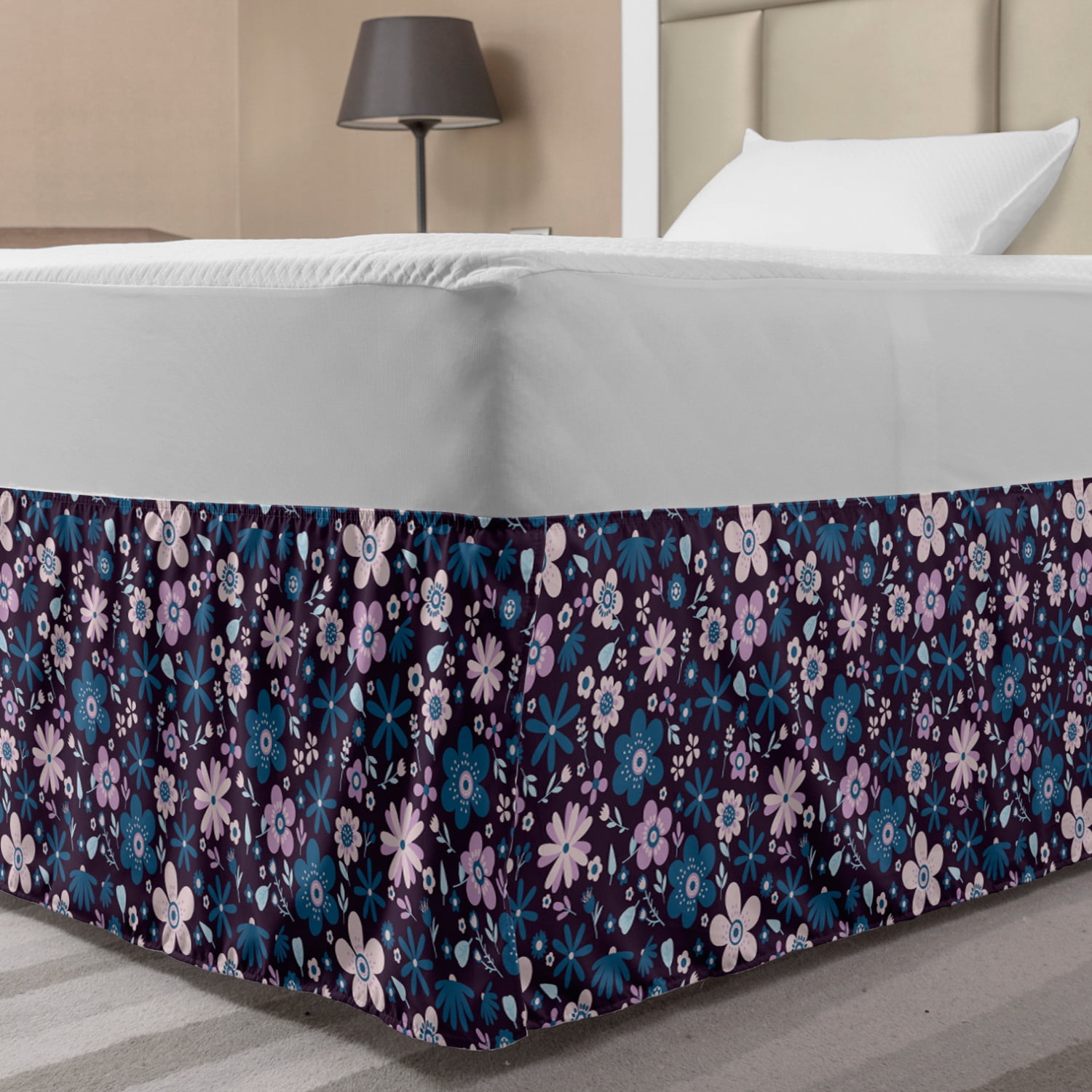 Floral Bed Skirt, Various Colorful Flowers Print in Violet Tones