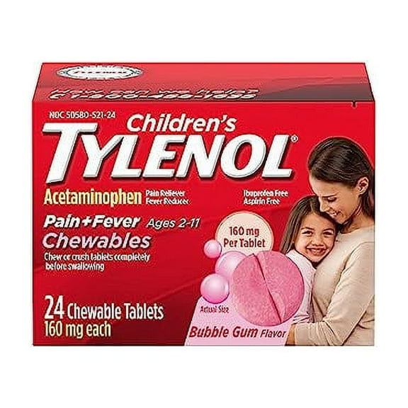 Tylenol Children's Chewables with 160 mg Acetaminophen, Pain Reliever & Fever Reducer for Kids' Cold   Flu Symptoms, Headache, Sore Throat & Toothache, Aspirin-Free, Bubble Gum, 24 ct