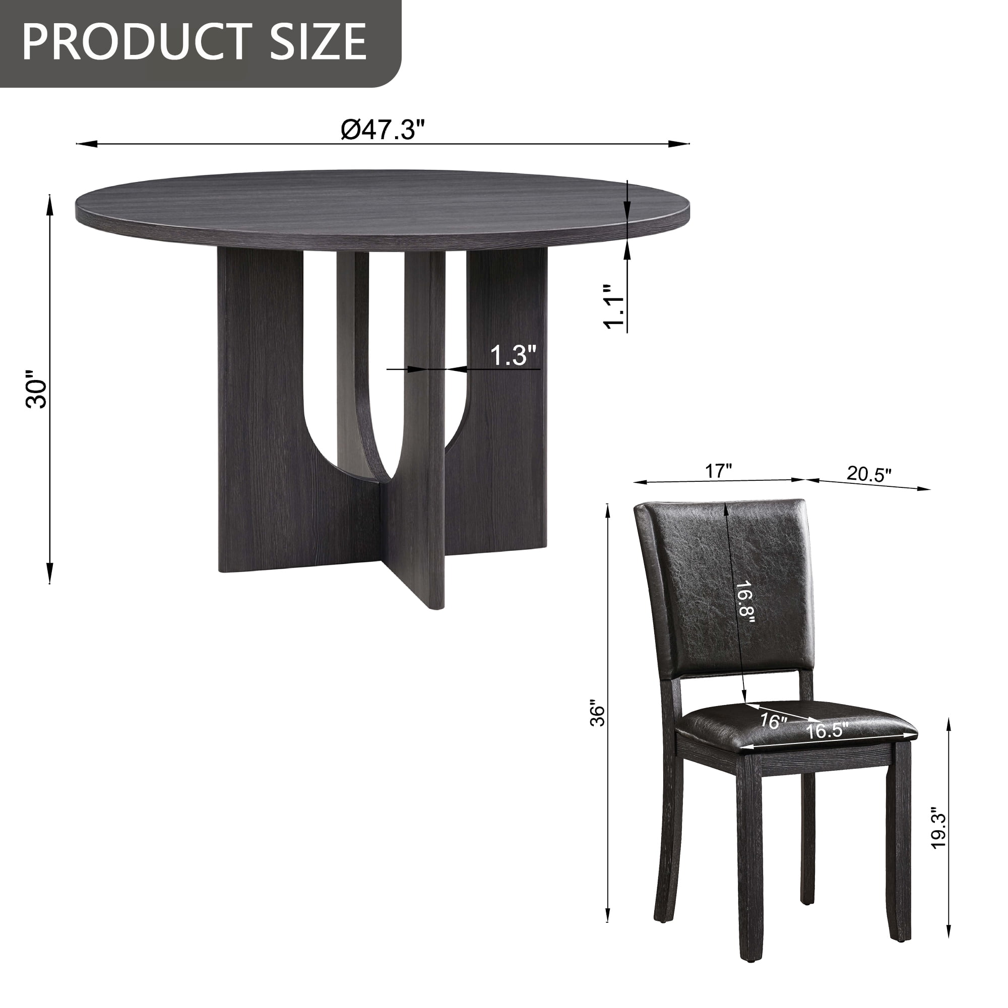 5-Piece Round Dining Table Set for 4-6, 47.3" Wood Round Table with 4 PU Leather Chairs