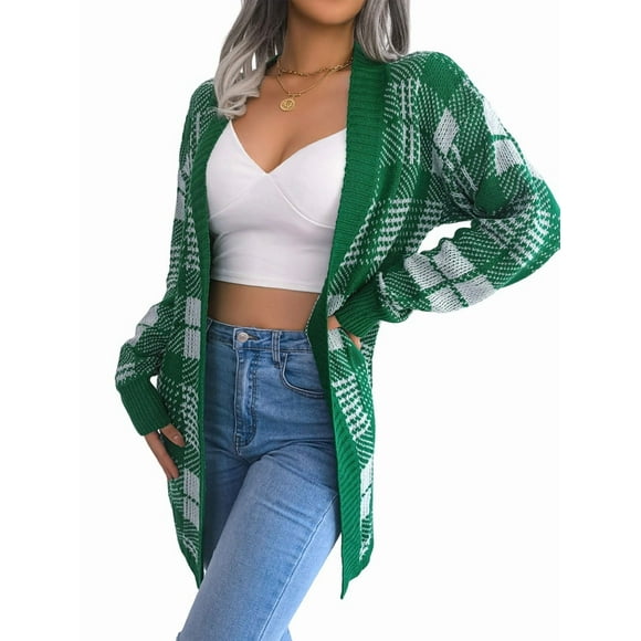 Women'S Christmas Sweater with Belt Open Front Plaid Knitted Button Down Soft Xmas Knitwear Green M