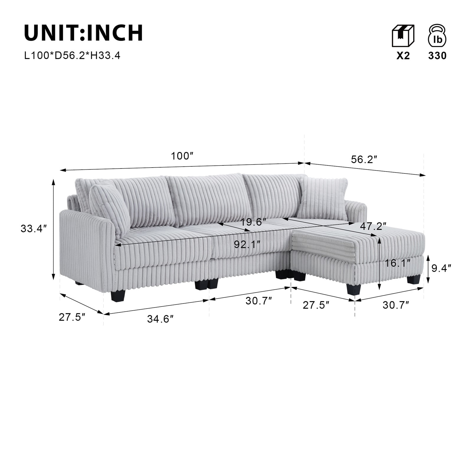 Hommoo 100-inch Corduroy Fabric L-shaped Sectional Sofa, 3 Seats Corner Sofa Set with Ottoman & Side Bag, Gray