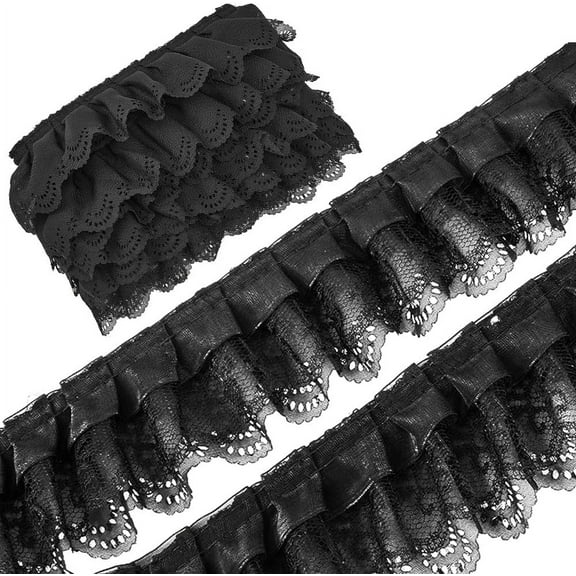 10 Yards 3 Layer Pleated Chiffon Flower Lace Trim 65mm Wide Gathered Mesh Organza Edge Ribbon Fabric Ruffles Edging Trimmings Embroidered DIY Crafts Wedding Dress Decor Black