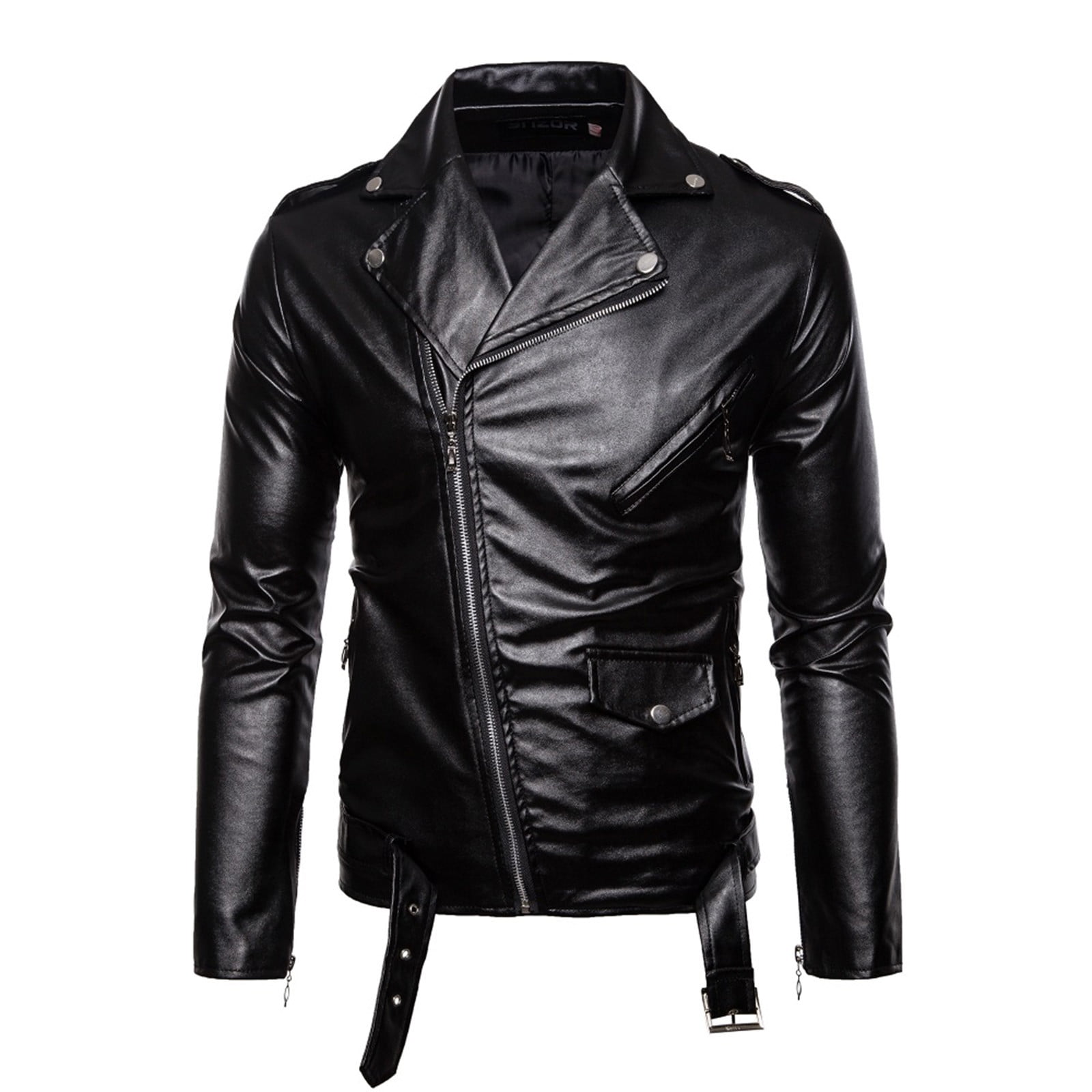 Men's Leather Jacket Biker Black Motorcycle Coat Slim Fit Outwear ...