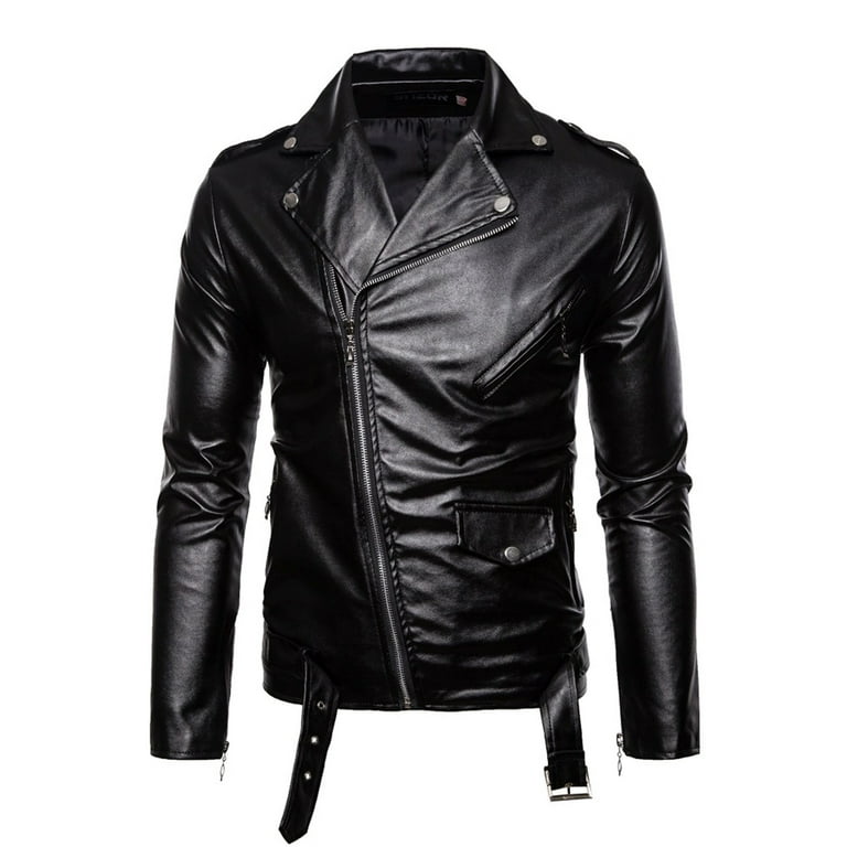 Men's PU Leather Jacket Causal Belted Faux Leather Motorcycle