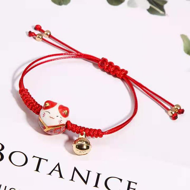 2 Pcs Feng Shui Céramique Porte-Bonheur Chat Bonne Chance Couple Bracelet Perlé Cordon de Dentition Réglable avec Clochette Richesse Santé Fortune Symbole d'Argent Riche pour Femmes Filles Bijoux d'Amitié, Rouge