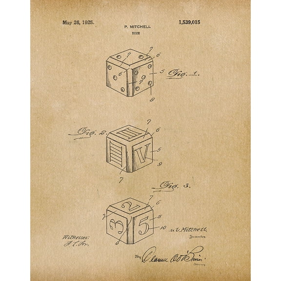 Original Dice Artwork Submitted In 1925 - Toys and Games - Patent Art Print