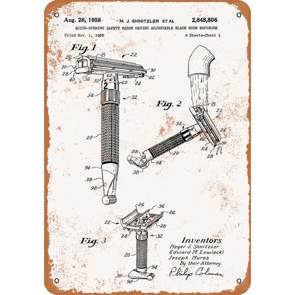 7 x 10 METAL SIGN - 1958 Safety Razor Patent - Vintage Rusty Look