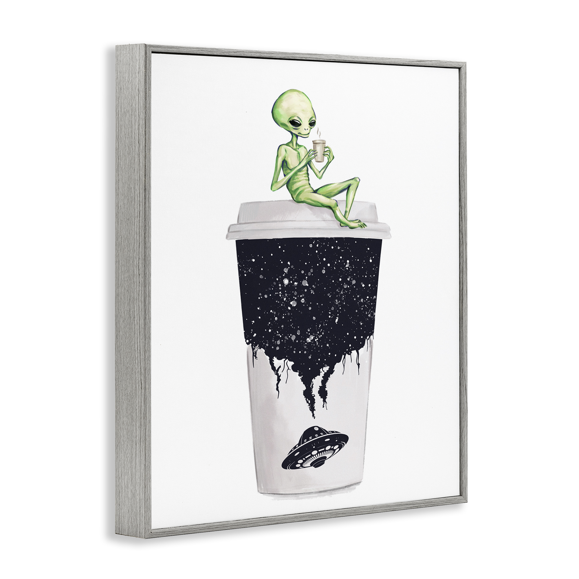 Stupell Industries Alien & Coffee Cup Novelty Painting Gray Framed Art Print Wall Art, 16 x 20