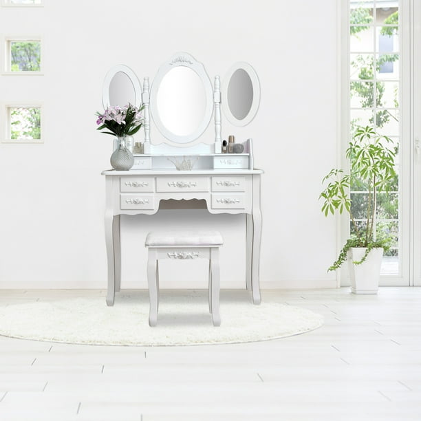 Vanity Tables For Small Spaces Vanity Set With Cushioned Stool Dressing Table With 4 Drawer 360 Degree Rotation Removable Mirror Dresser Glass Vanity With Shelf And Upholstered Stool White S10407 Walmart Com Walmart Com