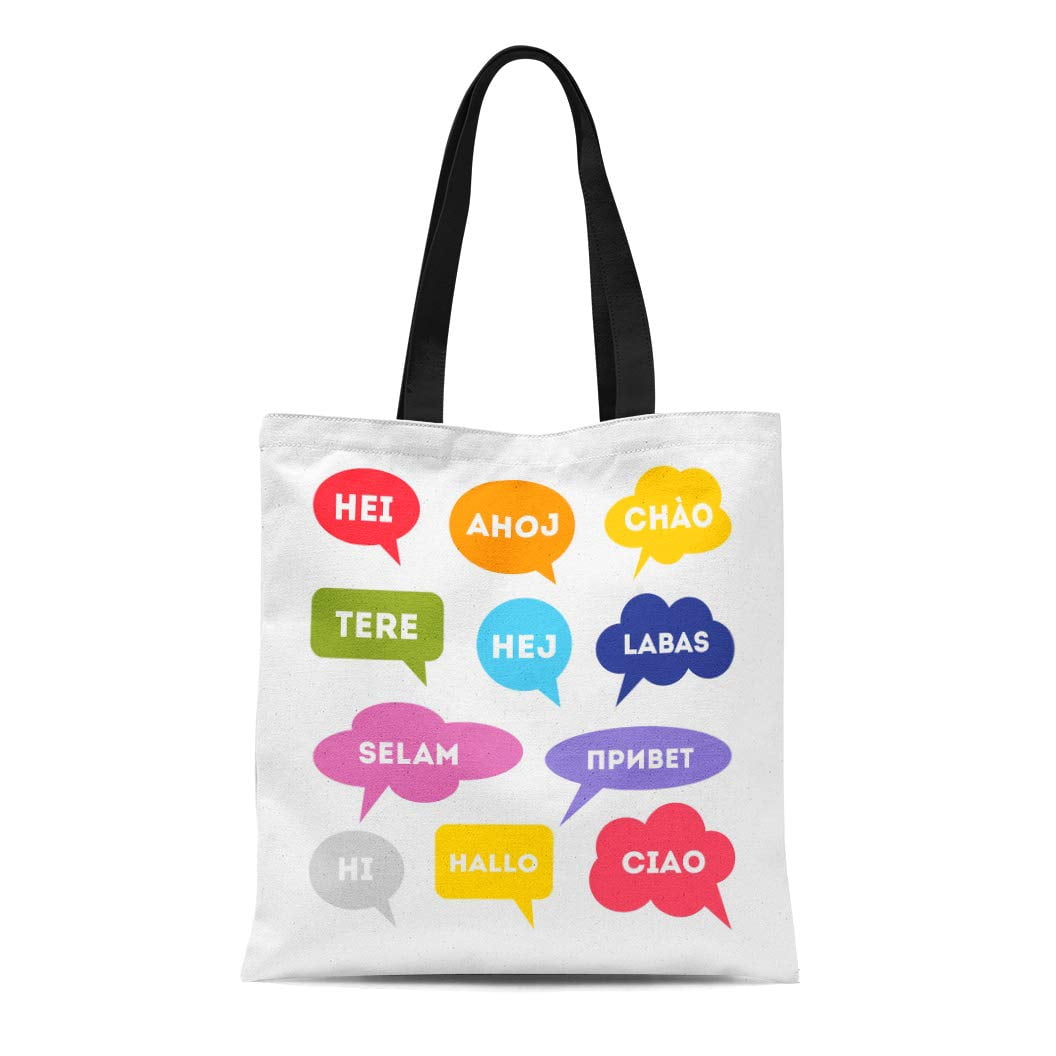 ASHLEIGH Canvas Tote Bag Bonjour Hello in Different Languages Colorful