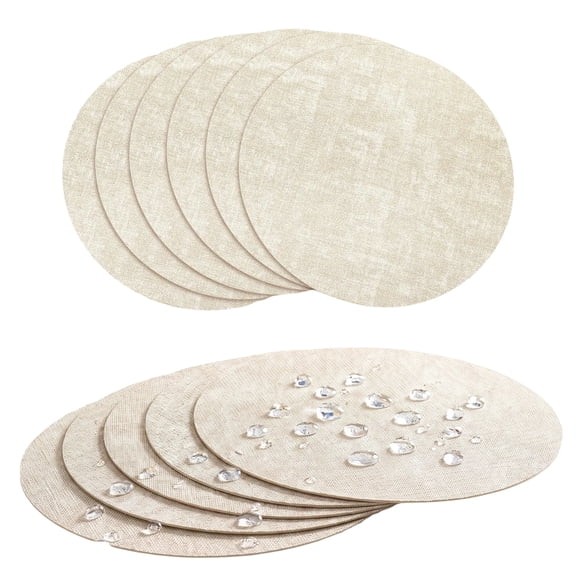 13" Round Placemats Set of 6, Reversible Faux Leather Heat Resistant Table Mats, 100% Waterproof Oilproof Wipeable Table Protective Placemats for Vinyl, Washable for Indoor & Outdoor Use (6, Beige)