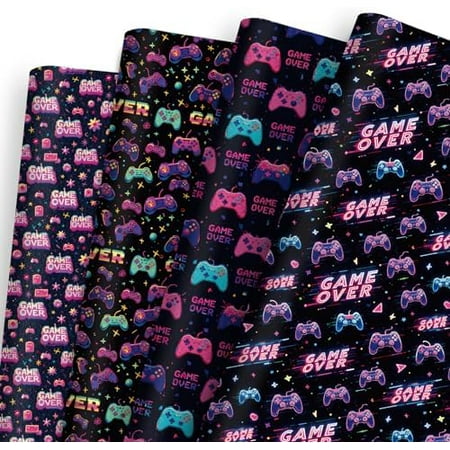Gaming Wrapping Paper 12 Sheets Neon Video Game Controller & Game Over Themed Gift Wrap Colorful Gaming Design Packing Paper for Gamers,Birthday,Party Supplies,20"×28"