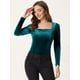 thumbnail image 4 of Blusa de mujer Allegra K de manga larga con cuello cuadrado de terciopelo Verde XS, 4 of 5