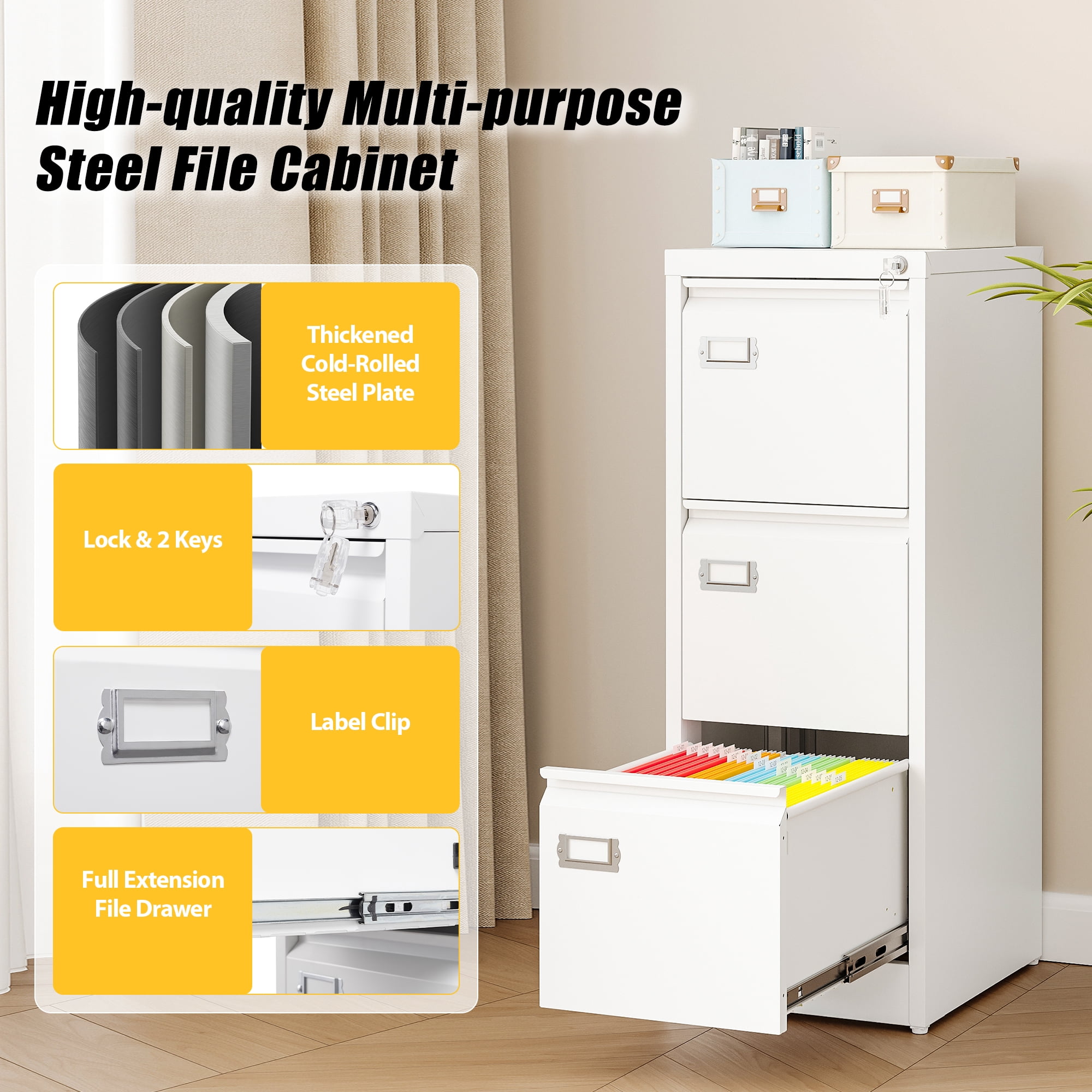 AUHUP 3 Drawer Metal File Cabinet with Lock, White Vertical Filing Storage Cabinet for Home Office