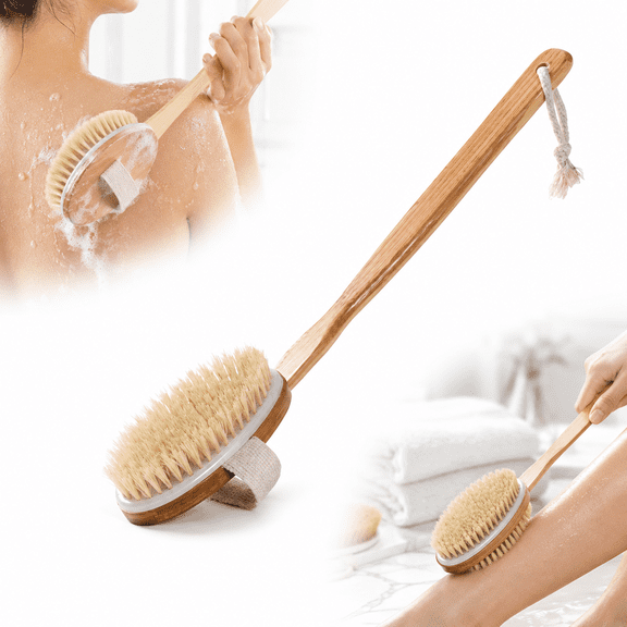 Long Handle Bath Brush with Natural Bristles, 15.2-Inch Wooden Shower Back Scrubber with Hand Strap and Hanging Rope for Wet or Dry Body Brushing