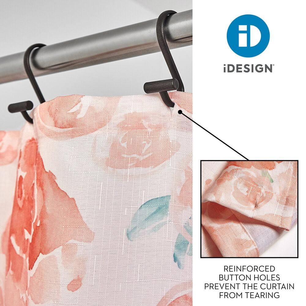 iDesign Polyester Shower Curtain, Peach Watercolor Floral, 12 Reinforced Buttonholes