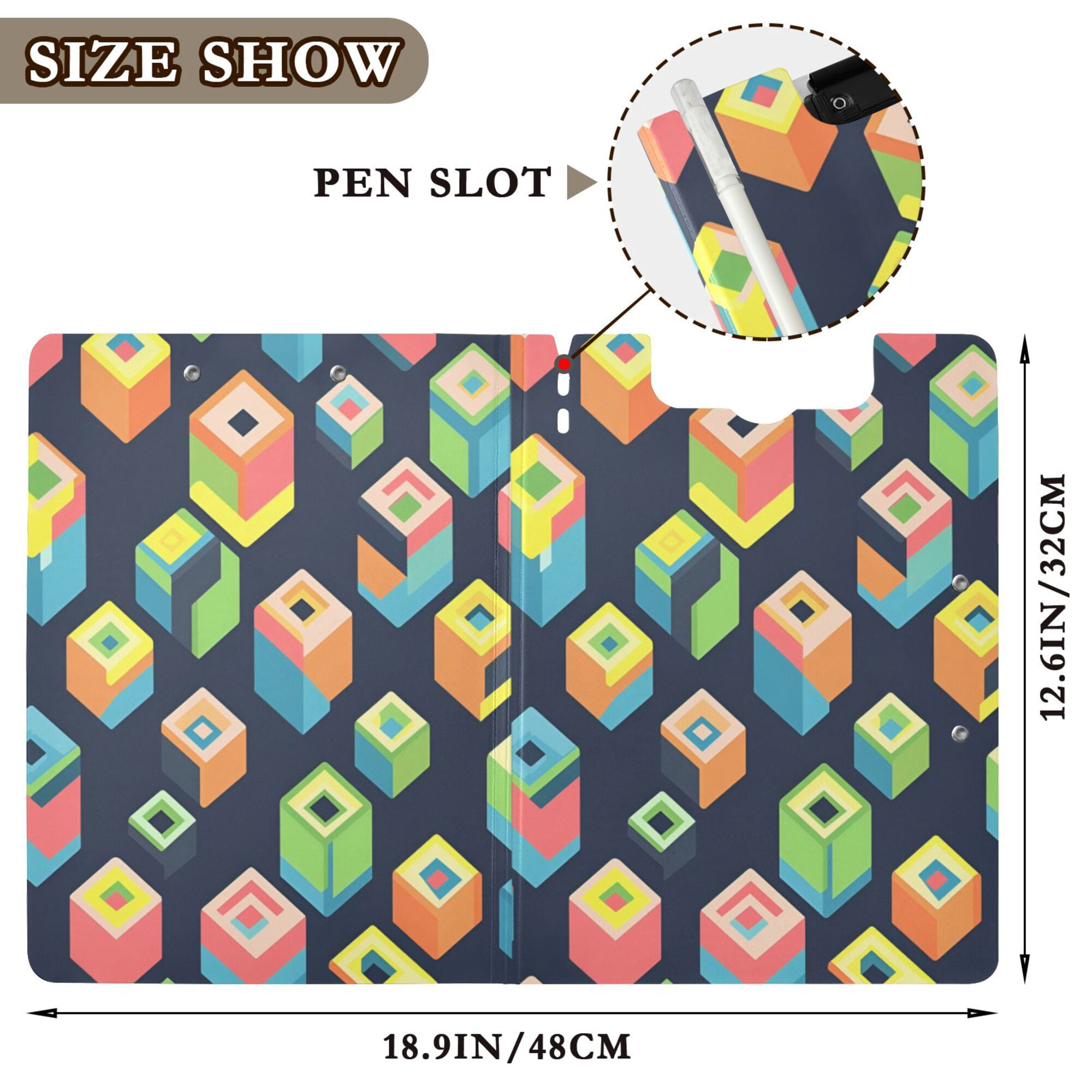 FORMRS A4 Clipboard Folder with Pen Holder Horizontal Foldable School Office Binder, Green Cubes