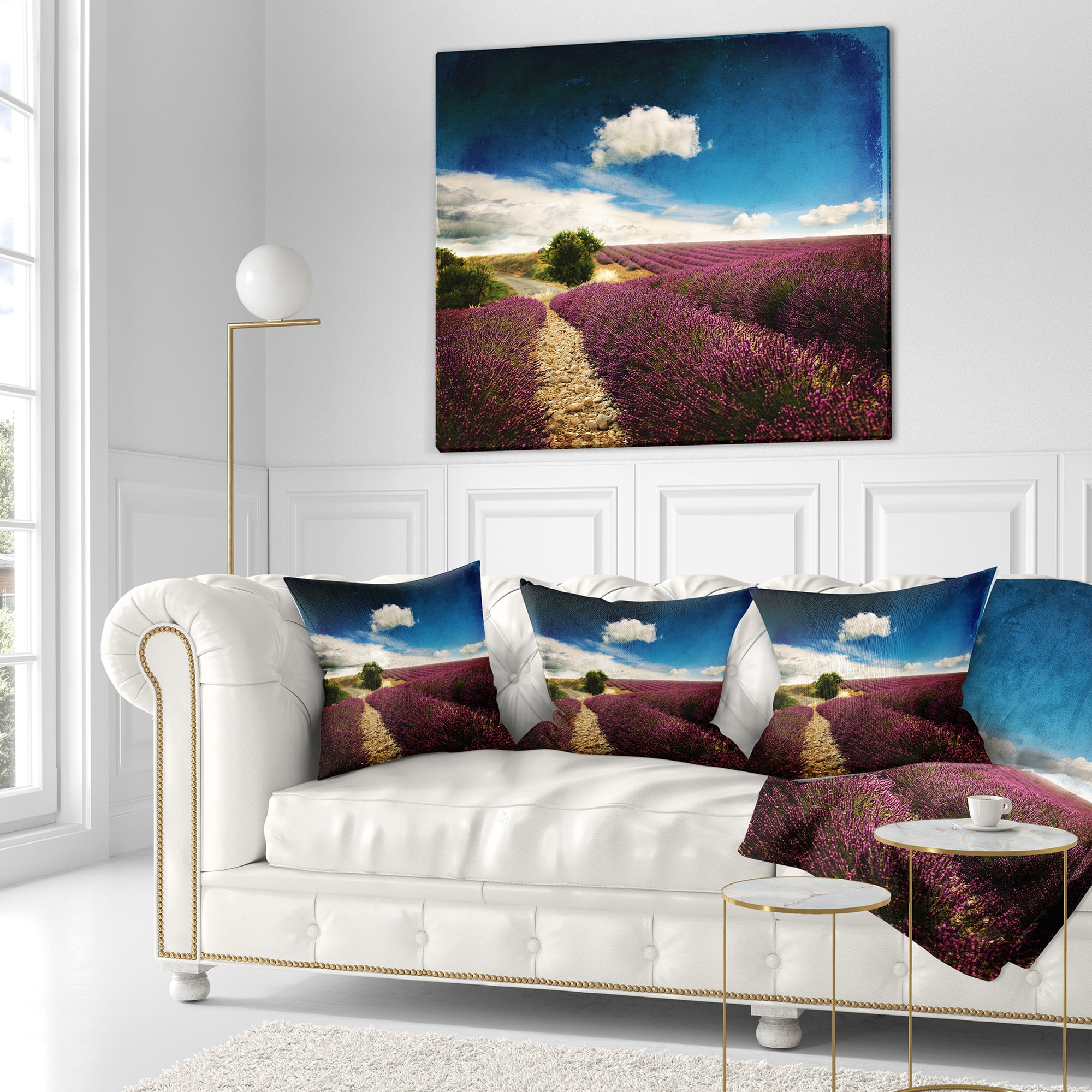 Designart Lavender Field with Dramatic Blue Sky - Landscape Printed Throw Pillow - 16x16
