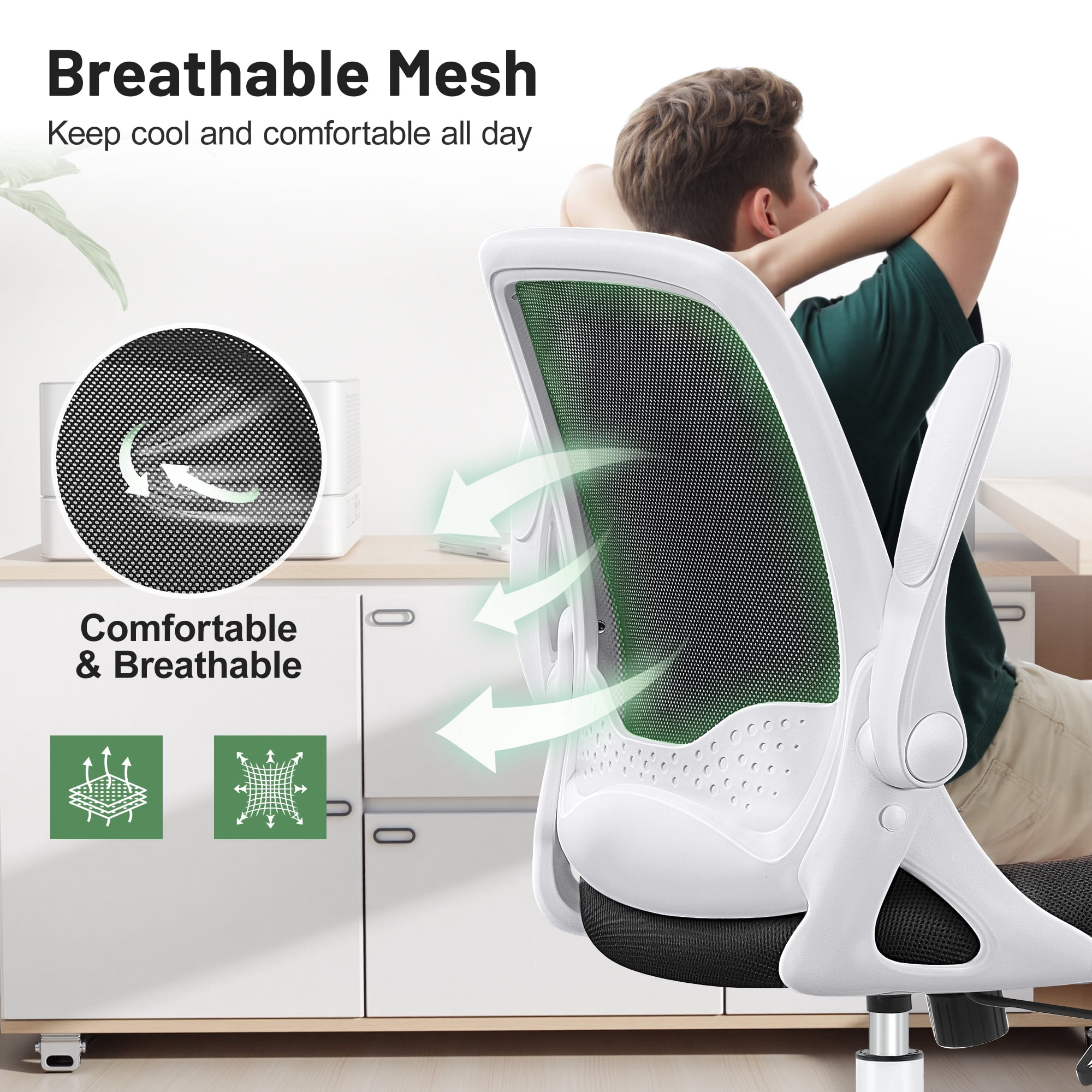 ATHOPE Office Chair, Ergonomic Desk Chair with Lumbar Support Adjustable Height Swivel Wheels Flip-up Arms Mesh Computer Gaming Chair for Home Office, White