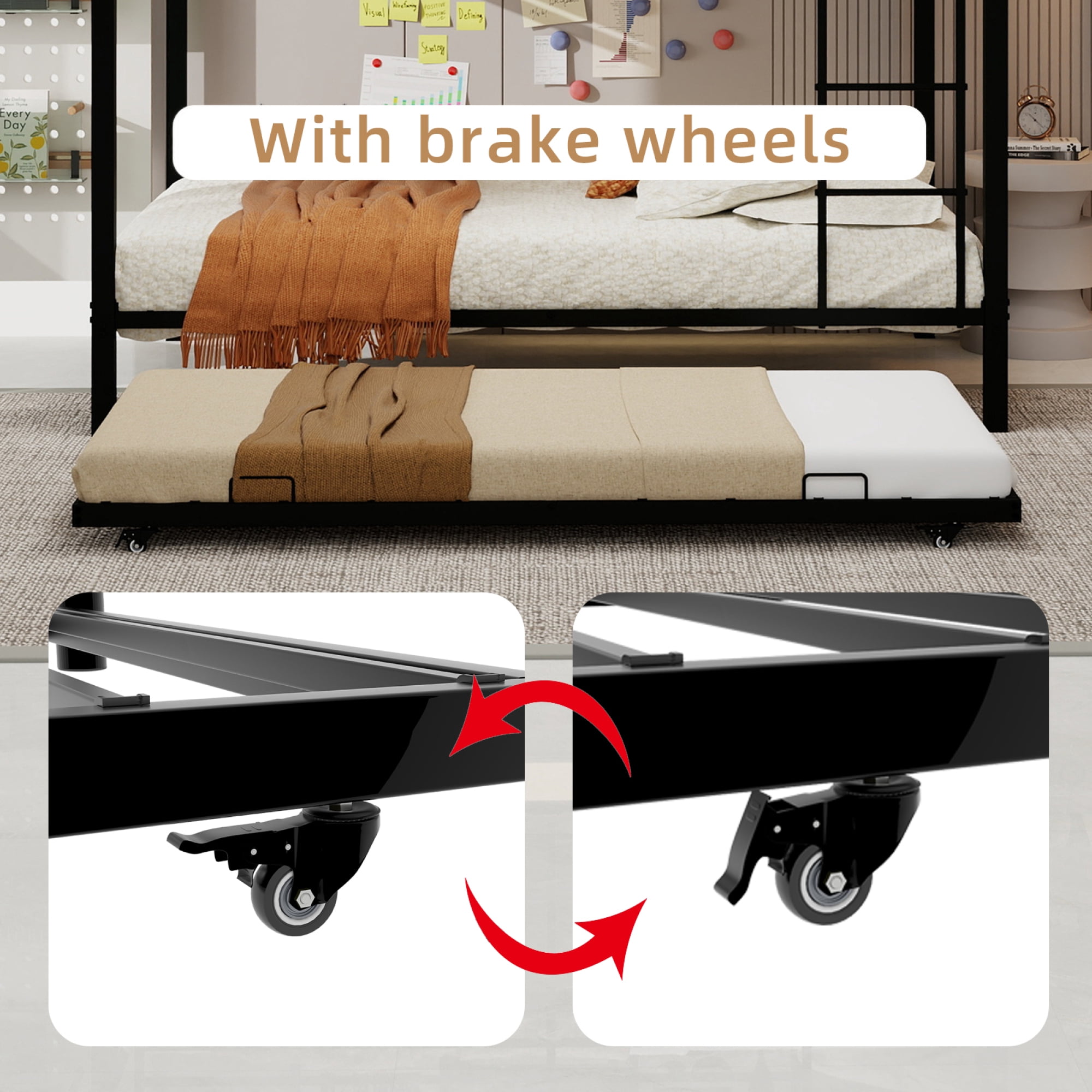 Queen over Queen Bunk Bed with Trundle, Heavy-Duty Metal Bunk Bedframe with Ladder and Full-Length Guardrails for Kids Teens Adults, No Box Spring Needed