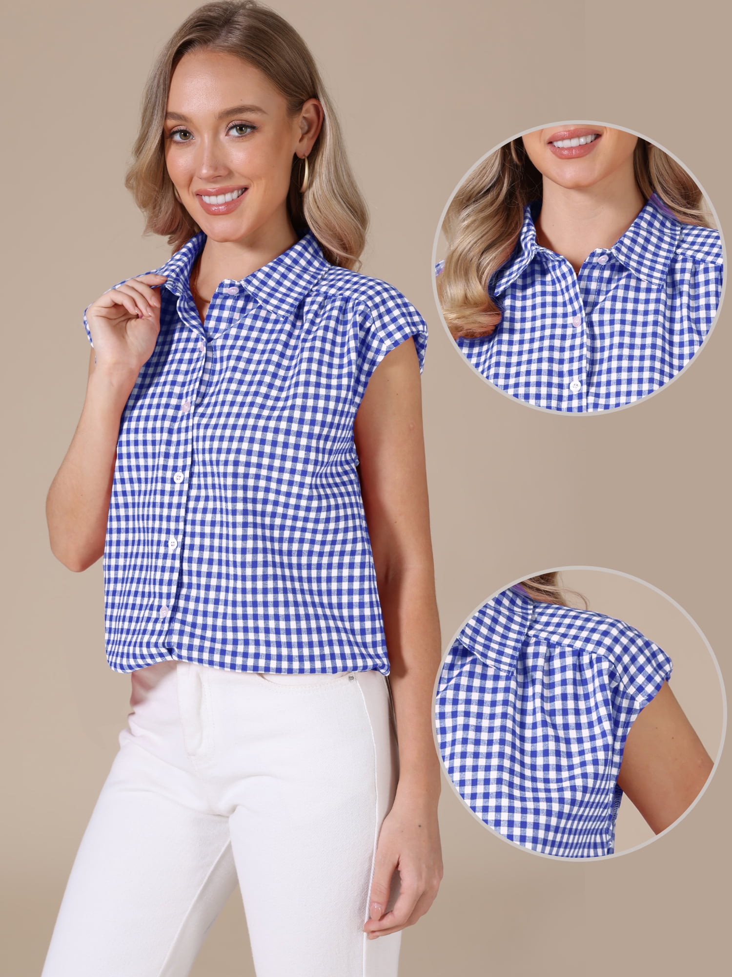 DARING DIVA Women's Gingham Top Work Cap Sleeve Vintage Plaid Button Down Shirts M Blue