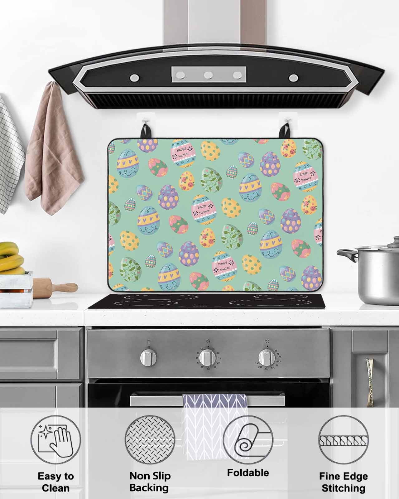 Large Induction Cooktop Protector Mat Easter Stove Top Covers for Electric Stove, Green Cartoon Colorful Eggs Flowers Leaves Dots Decorative Stove Burner Cover Mats, Glass Top Stove Cover