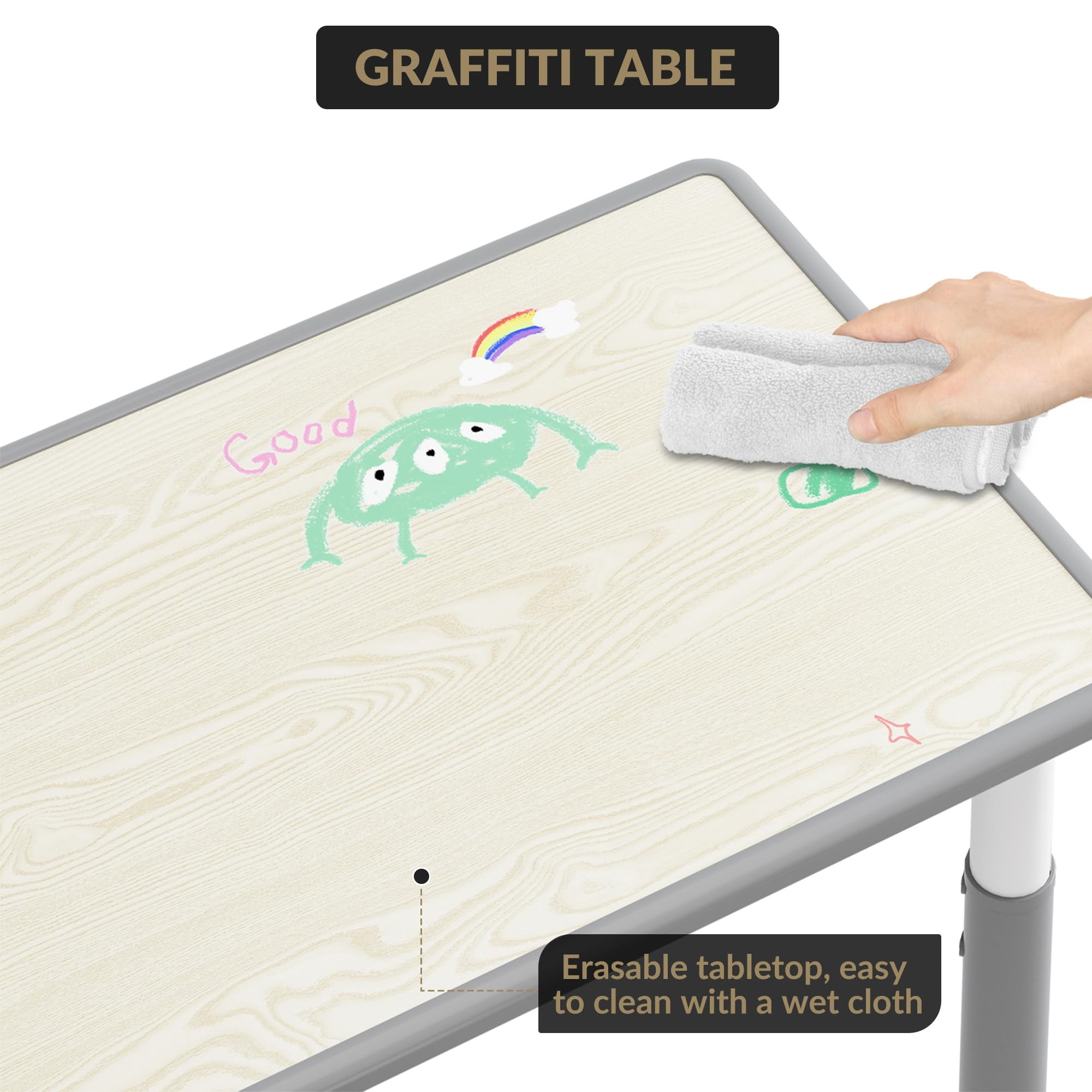 Accreate Kids Table & 6 Chairs Set with Storage Box - Height Adjustable Toddler Table for Ages 2-10, Graffiti Desktop, Non-Slip Legs - Ideal for Daycare, Classroom & Home Activities