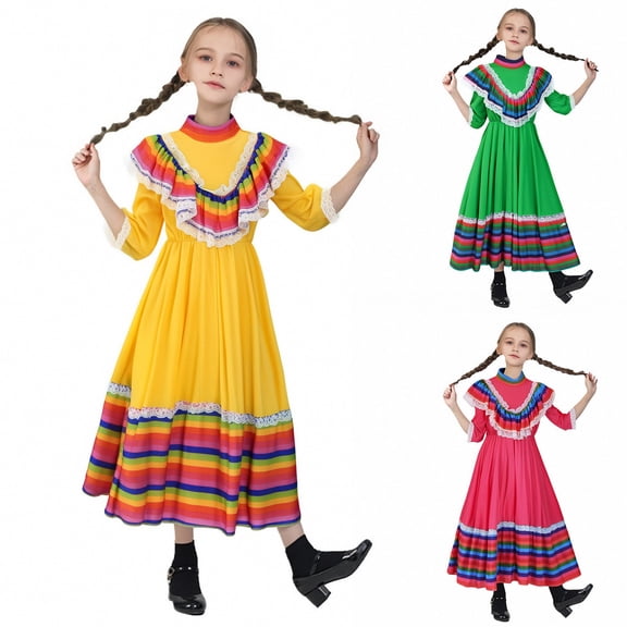 Girl Dresses Mexican Multicolor Short Sleeve Halloween Dance Party Dress Girls Dress Green 11-12 Years