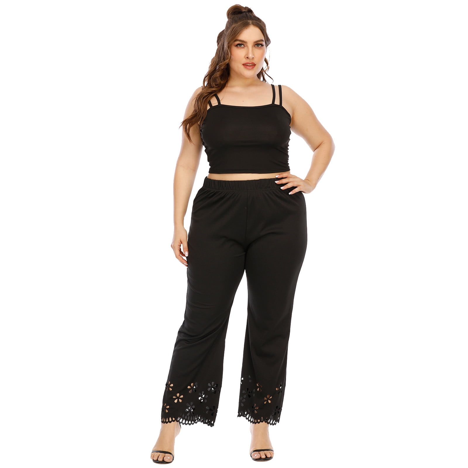 Women's Plus Size Black Flare Pants Elastic Waist Hollow Straight