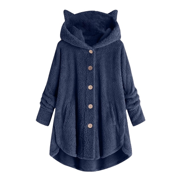 WEIYLL Womens Fleece Jacket Velvet Cat Ear Hooded Soild Patchwork Button Plush Navy Ladies Fall Tops And Blouses Size S