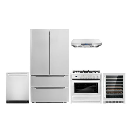 Cosmo 5 Piece Kitchen Appliance Packages with 36  Freestanding Gas Range 36  Under Cabinet Range Hood 24  Built-in Fully Integrated Dishwasher French Door Refrigerator & 48 Bottle Wine Refrigerator