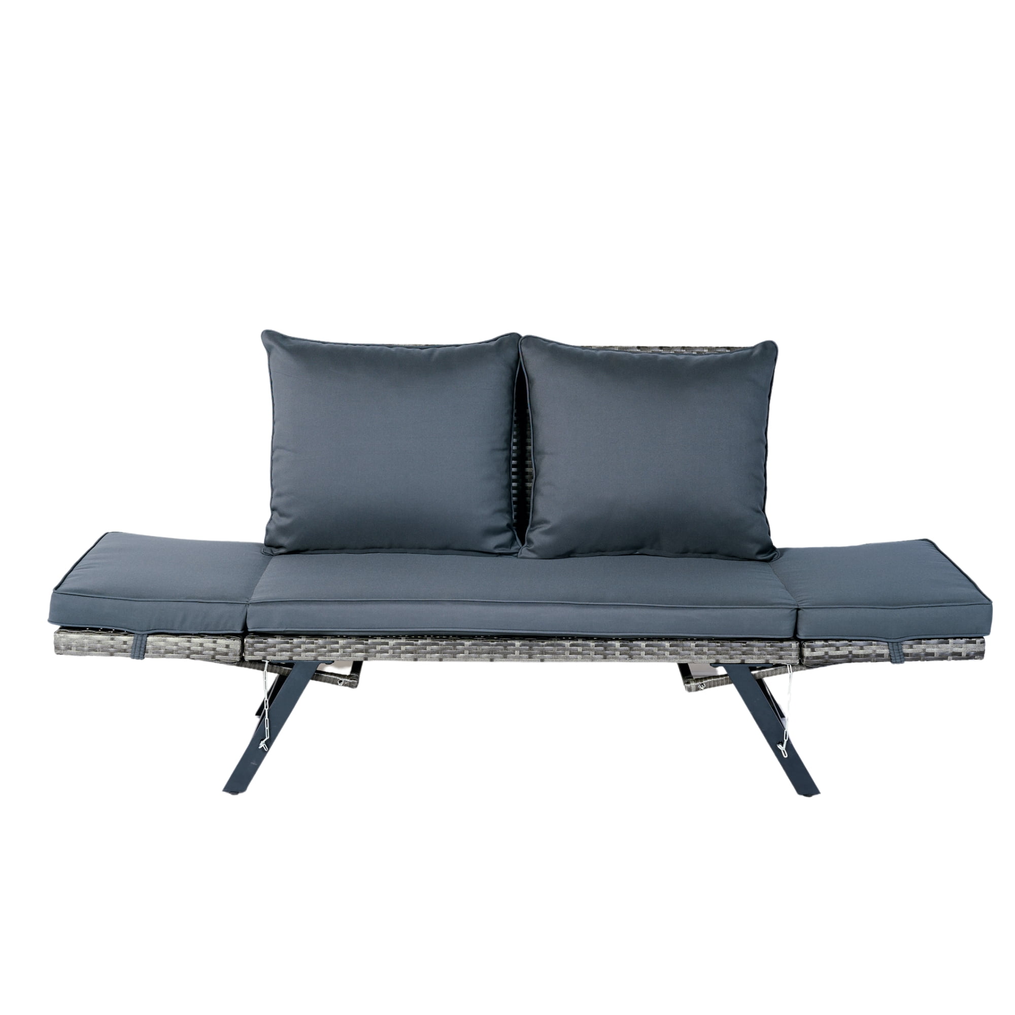 Outdoor Wicker Side Bench with Foldable Armrest and Dark Grey Cushion, Patio Conversation Bench for Garden and Backyard, Grey Wicker
