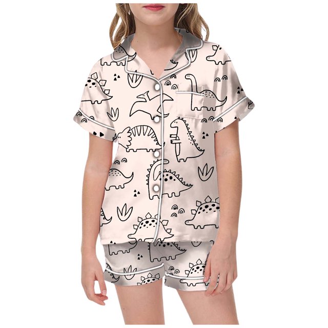 Hiiyo Pyjamas Peints à la Main pour Grandes Filles, Imprimé Dinosaure Mignon, Vêtements de Maison