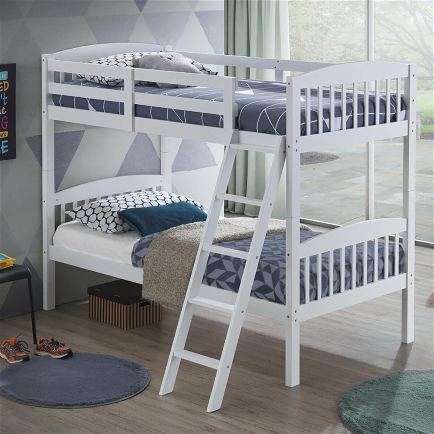 Demi Bonn Solid Wood Twin Over Twin Bunk Bed with Detachable Ladder, Twin Bunk Beds, Converts to 2 Individual Twin Beds, White