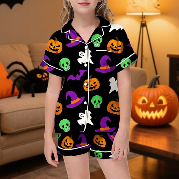 BOOMNY Halloween Girls 2 Peice Pajamas Sets Hallowmas Pumpkin Ghost Graphic Short Sleeve Buttons Sleepwear Tops Shorts Pjs Set for Kids Cozy Loungewear Homewear