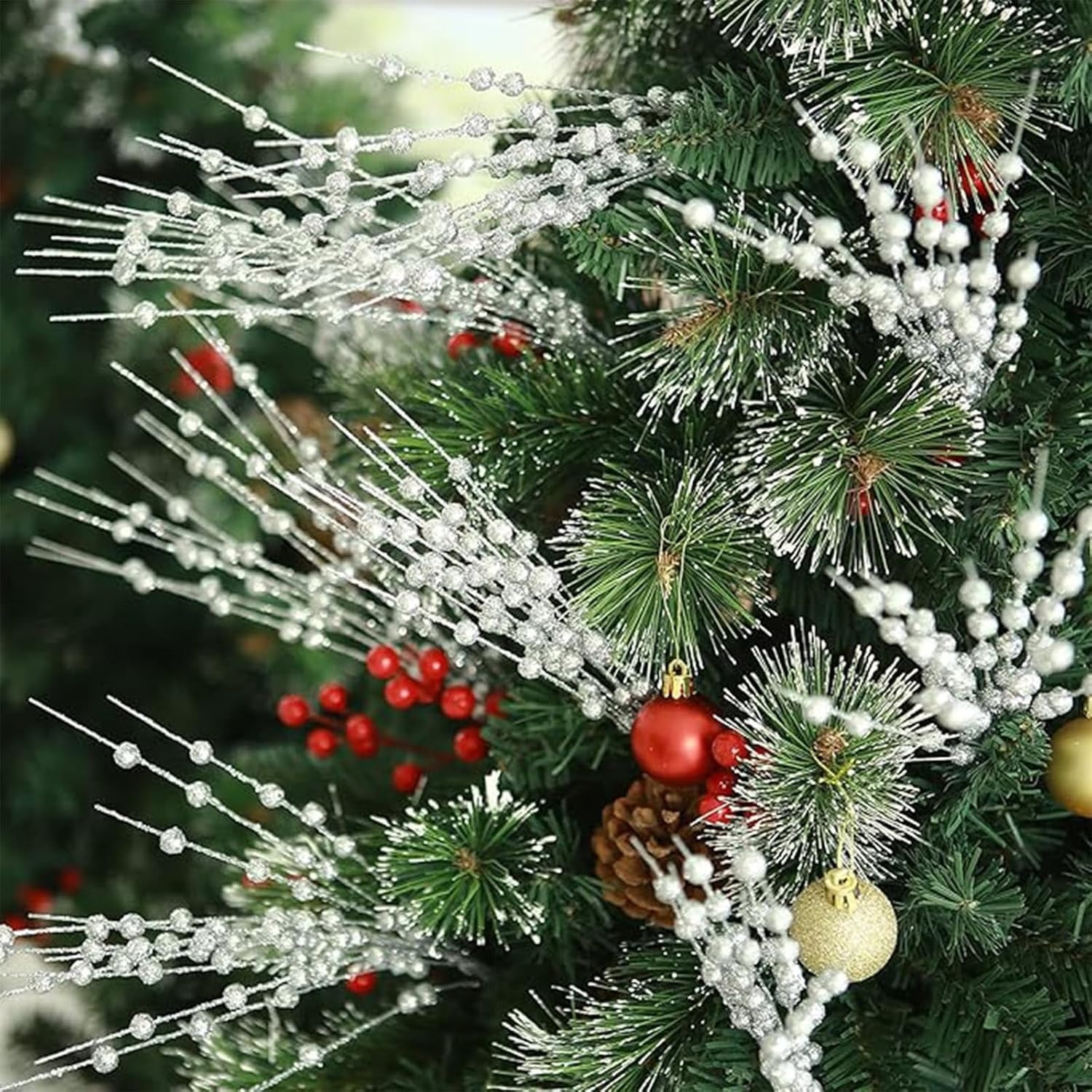 24 Pack Artificial Glitter Berry Stem Ornaments Decorative Bead Sticks,Bexikou 17" Fake Berry Branch Picks Glittery Twigs Branches for Christmas Tree, Small Vase, Holiday, Wedding, Party (Silver)