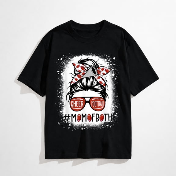 Cheer Football Cheerleading Mom of Both Messy Hair Bun T-Shirt