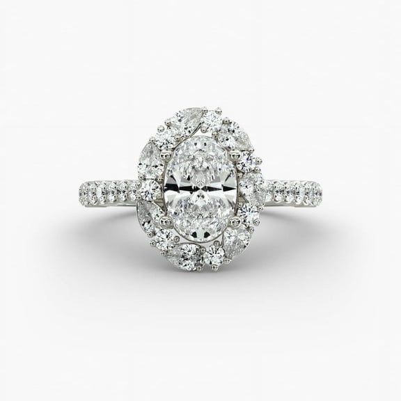 Amor Jewel 1.6 Ct Oval Cut White Diamond Ring - 14K White Gold Plated Multi Diamond Ring - Floral Halo Birthday Ring for Her - Wedding Engagement Rings for Women's Gifts - Proposal Ring for Wife