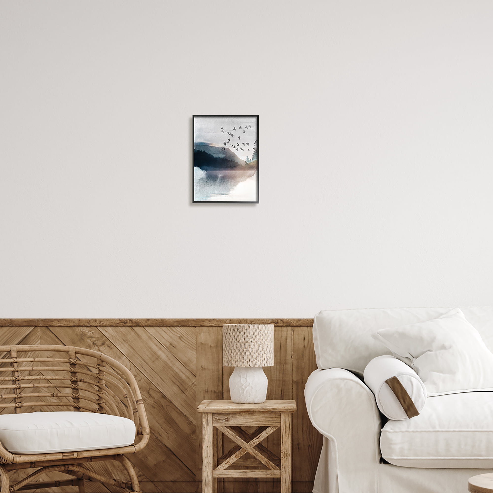 Stupell Industries Abstract Birds Over Lake Nature Painting Black Framed Art Print Wall Art, 11 x 14