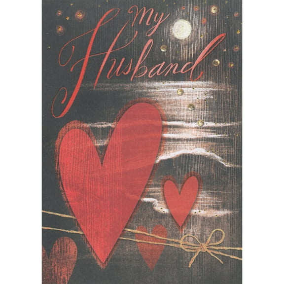 Designer Greetings Various Sized Hearts, Brown String, Full Moon and Waves on Dark Background Valentine's Day Card for Husband