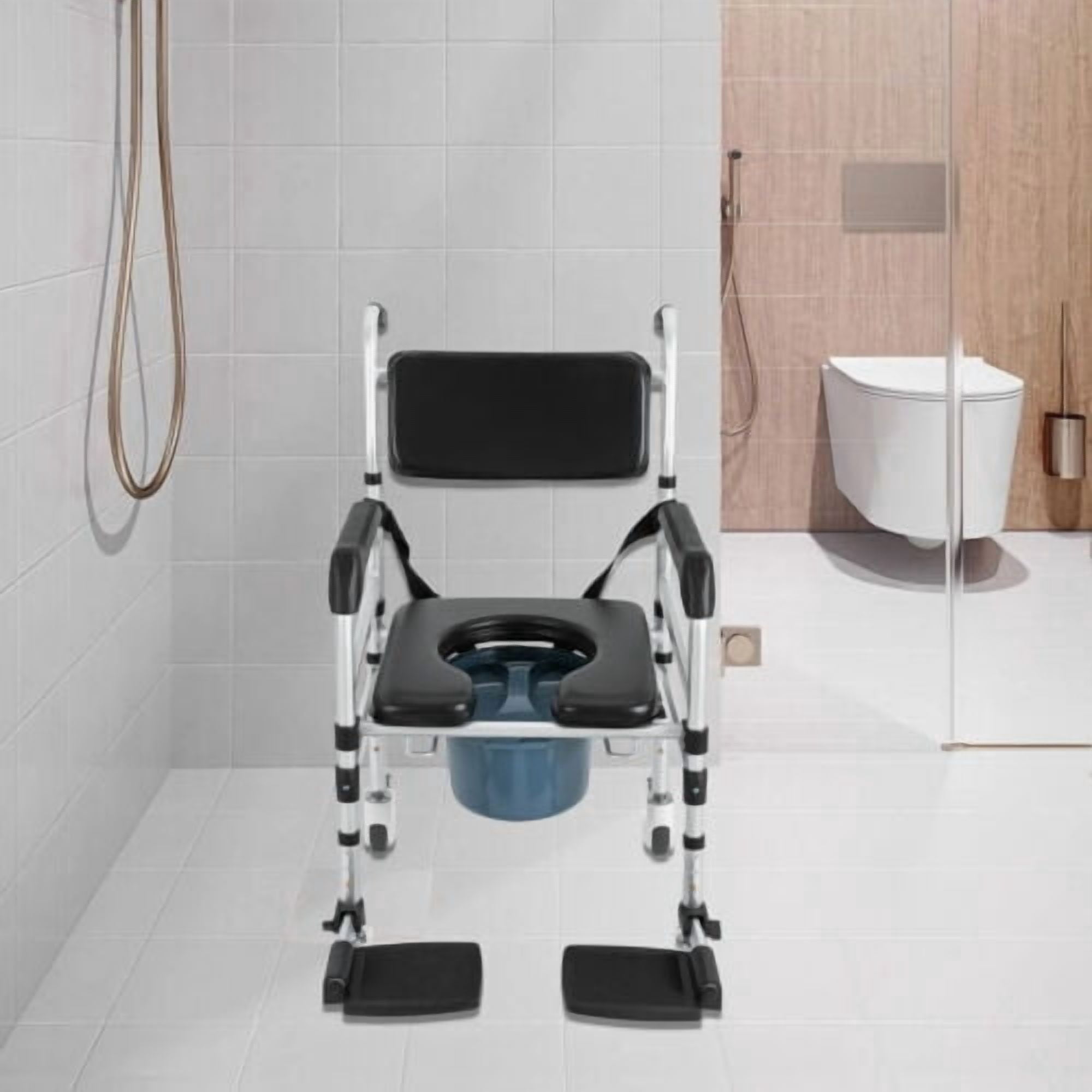 3 in 1 Foldable Height Adjustable Shower Wheelchair, Accessibility Commode Wheelchair with Flip-Up Footrests, Transport Rolling Chair for Elderly, Disabled, Adults